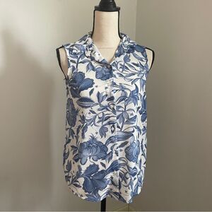 Women’s Floral Shell Blouse size 0 Petite H&M Blue White Buttoned Notched Collar
